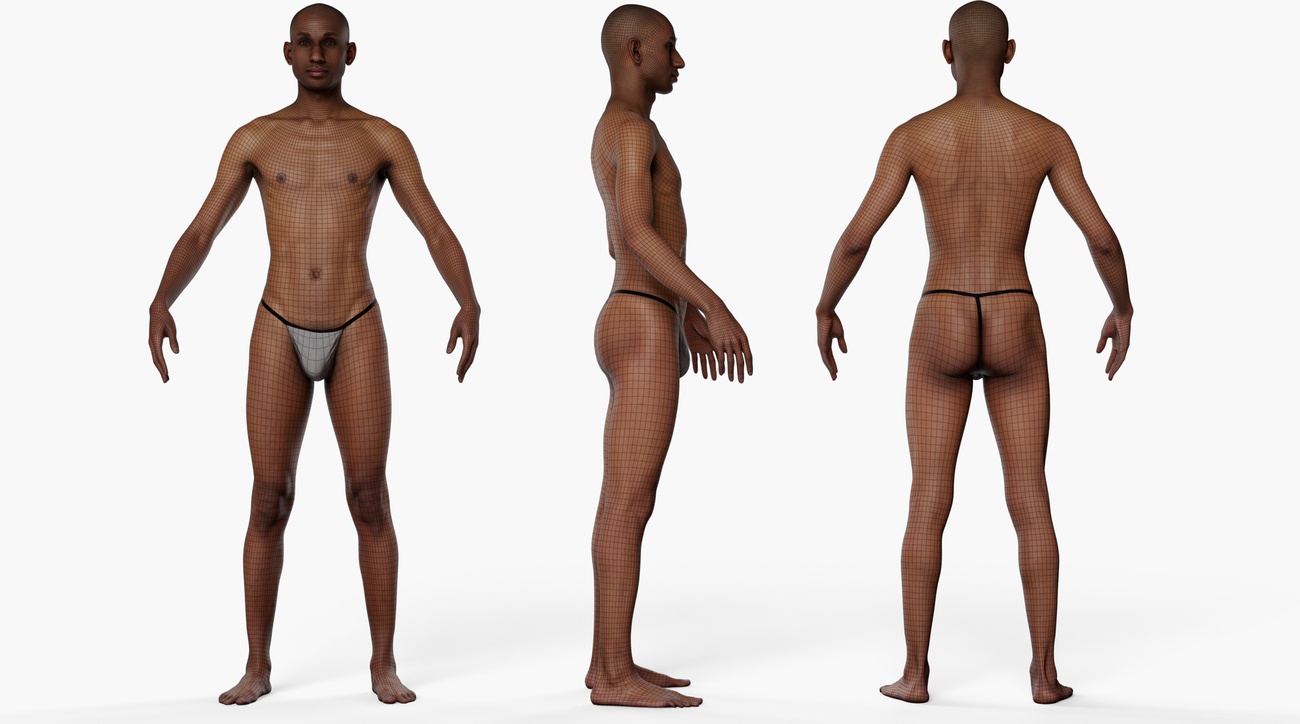 Wireframe topology overlay on a lean male 3D body scan showing clean quad mesh edge loops